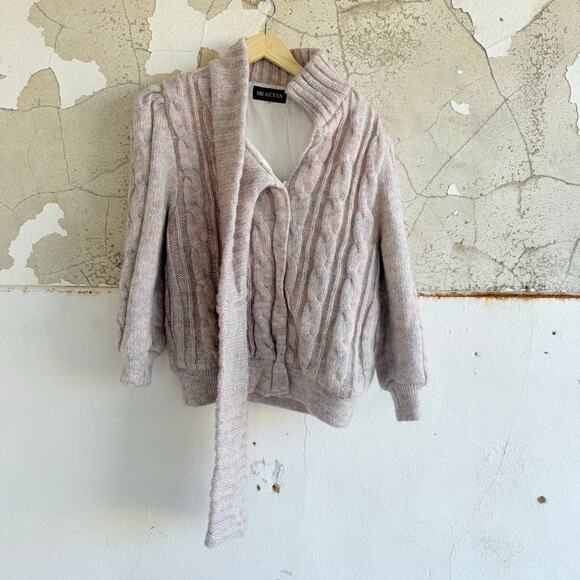 Vtg Cable Knit Sweater Jacket Attached Scarf Shawl Collar Pink Bomber Womens M - Picture 5 of 14